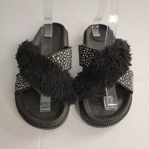 Joes Jeans Sz 8 Chunky Sandals Faux Fur Studded Slides Black